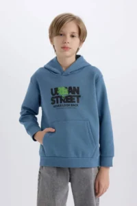 DeFacto Hooded Printed Pocket Soft Fuzzy Sweatshirt Boy