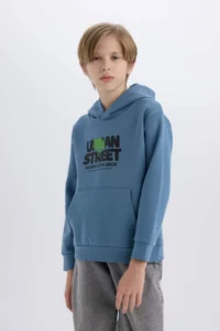 DeFacto Hooded Printed Pocket Soft Fuzzy Sweatshirt Boy - Image 3
