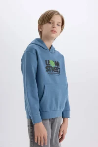 DeFacto Hooded Printed Pocket Soft Fuzzy Sweatshirt Boy - Image 4