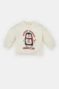 DeFacto Crew Neck New Year Themed Sweatshirt with Soft Fur Inside Baby Girl