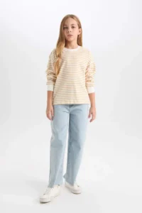 DeFacto Relax Fit Crew Neck Striped Sweatshirt Girl - Image 2