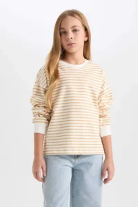 DeFacto Relax Fit Crew Neck Striped Sweatshirt Girl - Image 3