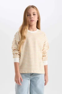 DeFacto Relax Fit Crew Neck Striped Sweatshirt Girl - Image 4