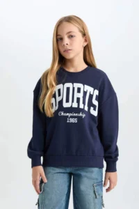 DeFacto Girl's Relax Fit Crew Neck Printed Sweatshirt