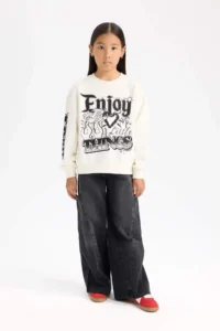 DeFacto Oversize Wide Fit Crew Neck Printed Sweatshirt Girl - Image 2