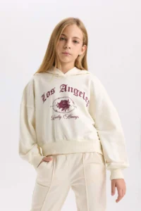 DeFacto Ecru Oversize Wide Fit Hooded Printed Sweatshirt Girl - Image 3