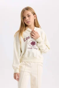 DeFacto Ecru Oversize Wide Fit Hooded Printed Sweatshirt Girl - Image 4