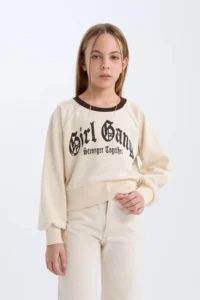 DeFacto Relax Fit Crew Neck Printed Soft Lined Sweatshirt Girl Child