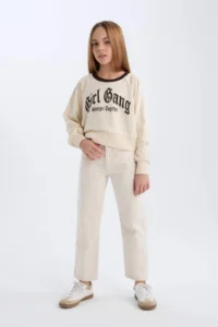 DeFacto Relax Fit Crew Neck Printed Soft Lined Sweatshirt Girl Child - Image 2