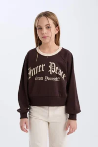 DeFacto Relax Fit Crew Neck Printed Soft Lined Sweatshirt Girl Child