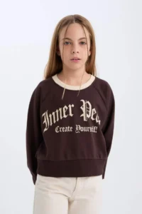 DeFacto Relax Fit Crew Neck Printed Soft Lined Sweatshirt Girl Child - Image 3