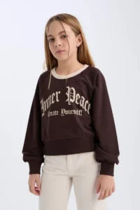 DeFacto Relax Fit Crew Neck Printed Soft Lined Sweatshirt Girl Child - Image 4