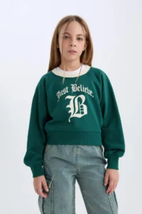 DeFacto Relax Fit Crew Neck Printed Soft Lined Sweatshirt Girl Child