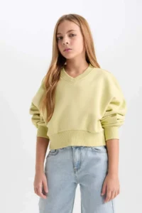 DeFacto Cropped Fit V-Neck Basic Plain Sweatshirt Girl