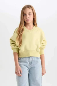 DeFacto Cropped Fit V-Neck Basic Plain Sweatshirt Girl - Image 3