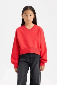 DeFacto Cropped Fit V-Neck Basic Plain Sweatshirt Girl - Image 3