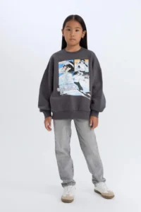 DeFacto Oversize Wide Fit Crew Neck Printed Sweatshirt Girl - Image 2