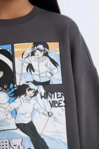 DeFacto Oversize Wide Fit Crew Neck Printed Sweatshirt Girl - Image 5