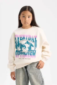 DeFacto Relax Fit Crew Neck Printed Ecru Girls' Sweatshirt D7055A8/ER99