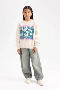 DeFacto Relax Fit Crew Neck Printed Ecru Girls' Sweatshirt D7055A8/ER99 - Image 2