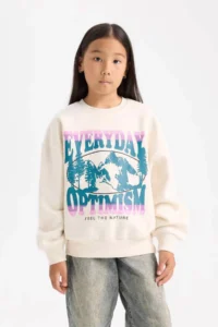 DeFacto Relax Fit Crew Neck Printed Ecru Girls' Sweatshirt D7055A8/ER99 - Image 3
