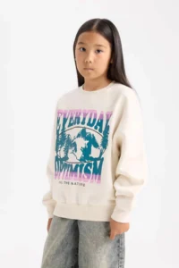 DeFacto Relax Fit Crew Neck Printed Ecru Girls' Sweatshirt D7055A8/ER99 - Image 4