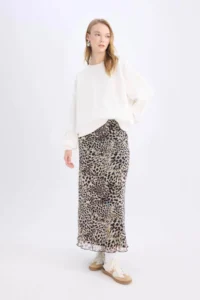 DeFacto A-Line Leopard Patterned High Waist Combed Cotton Lining Tulle Maxi Skirt
