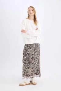 DeFacto A-Line Leopard Patterned High Waist Combed Cotton Lining Tulle Maxi Skirt - Image 2