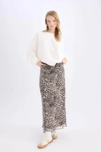 DeFacto A-Line Leopard Patterned High Waist Combed Cotton Lining Tulle Maxi Skirt - Image 3