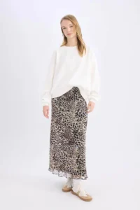 DeFacto A-Line Leopard Patterned High Waist Combed Cotton Lining Tulle Maxi Skirt - Image 4