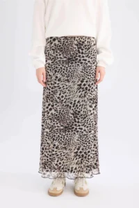 DeFacto A-Line Leopard Patterned High Waist Combed Cotton Lining Tulle Maxi Skirt - Image 5