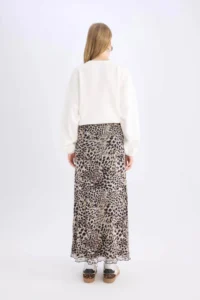 DeFacto A-Line Leopard Patterned High Waist Combed Cotton Lining Tulle Maxi Skirt - Image 7