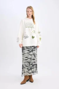 DeFacto A-Line Patterned High Waist Combed Cotton Lining Tulle Maxi Skirt