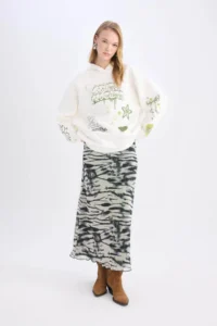 DeFacto A-Line Patterned High Waist Combed Cotton Lining Tulle Maxi Skirt - Image 3