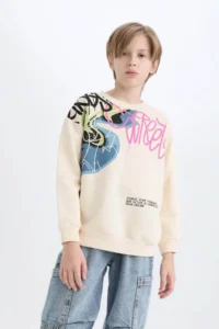 DeFacto Oversize Wide Fit Crew Neck Printed Sand Boy's Sweatshirt D7114A8/BG759