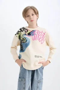 DeFacto Oversize Wide Fit Crew Neck Printed Sand Boy's Sweatshirt D7114A8/BG759 - Image 3