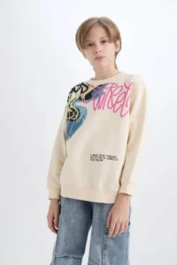 DeFacto Oversize Wide Fit Crew Neck Printed Sand Boy's Sweatshirt D7114A8/BG759 - Image 4