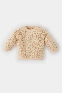 DeFacto Baby Girl Crew Neck Floral Patterned Soft Fuzzy Sweatshirt