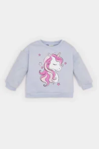 DeFacto Crew Neck Unicorn Printed Soft Furry Sweatshirt for Baby Girl