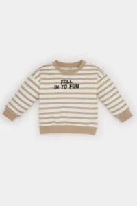 DeFacto Baby Boy Crew Neck Printed Soft Furry Striped Sweatshirt
