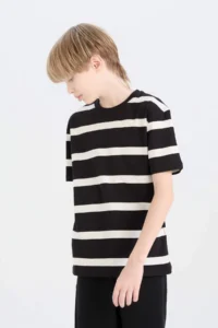 DeFacto Crew Neck Striped Short Sleeve T-Shirt Boy - Image 3