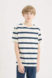 DeFacto Crew Neck Striped Short Sleeve T-Shirt Boy - Image 3
