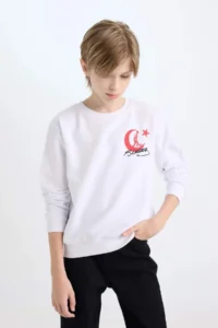 DeFacto Crew Neck Ataturk Printed and Embroidered White Boy's Sweatshirt D8200A8/WT34 - Image 2