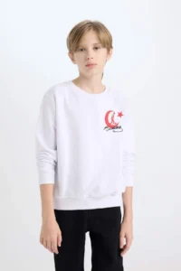 DeFacto Crew Neck Ataturk Printed and Embroidered White Boy's Sweatshirt D8200A8/WT34 - Image 3