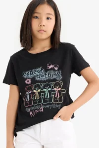 DeFacto Crew Neck Printed Short Sleeve T-Shirt Girls