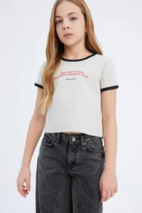 DeFacto Slim Fit Narrow Cut Crew Neck Printed Ribbed Camisole Short Sleeve T-Shirt Girl Child - Image 3