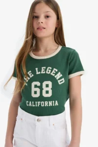 DeFacto Slim Fit Narrow Cut Crew Neck Printed Ribbed Camisole Short Sleeve T-Shirt Girl Child - Image 3