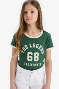 DeFacto Slim Fit Narrow Cut Crew Neck Printed Ribbed Camisole Short Sleeve T-Shirt Girl Child - Image 4