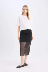 DeFacto Pencil Normal Waist Draped Lined Tulle Midi Skirt