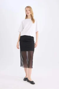 DeFacto Pencil Normal Waist Draped Lined Tulle Midi Skirt - Image 2